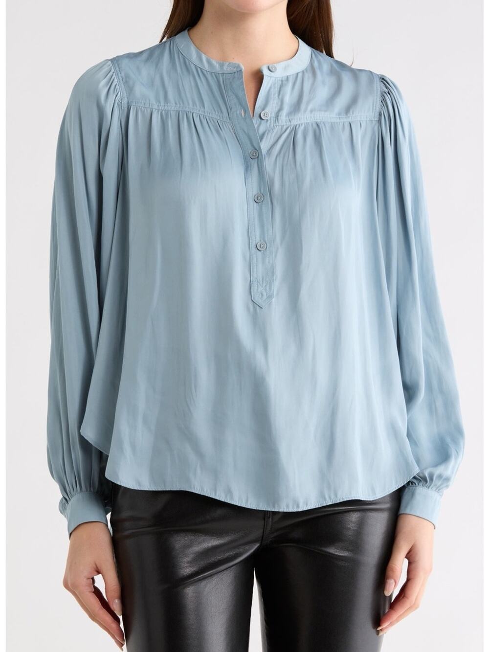 Elie Tahari Women’s L Dusty Blue Satin Blouse Long Sleeve Relaxed Tunic Top